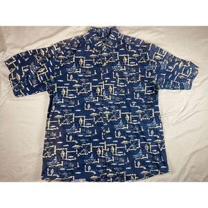 Field & Stream Mens M Blue Button Up Shirt Short Sleeve Fishing‎ All Over Print